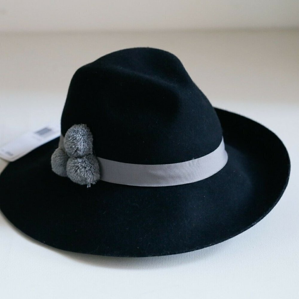 August Hat Company Black Wool Hat w Grey Pom Poms